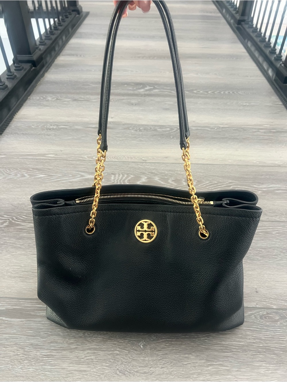 Tory Burch Black Pebbled Leather Tote with Gold Hardware